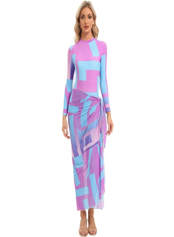 AWIBMK Womens Muslim Swimsuits Long Sleeve Tie Dye Top Swim Pants with Long Sarong Cover up Wrap Skirt Full Coverage Swimwear Modest Islamic Ladies Swimming Burkini Bathing Suit Blue + Rose 4PCS X-Large - Image 1